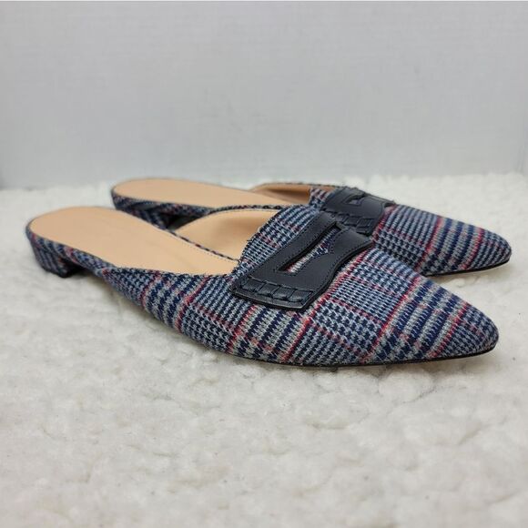 J. Crew Tweed Womens Slip On Mule Size 9 Loafer Plaid Navy Blue Point Toe Shoes - Picture 1 of 10